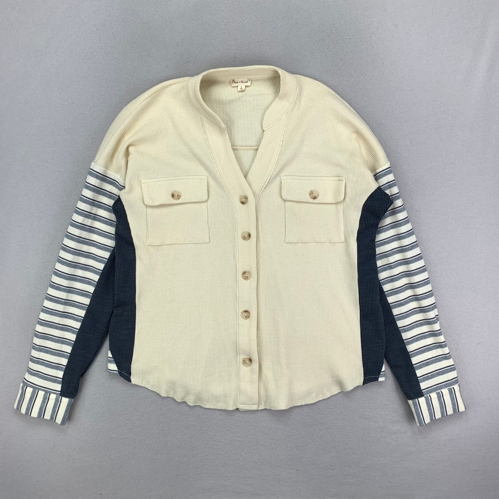 Hem & Thread Thermal Button Up Shirt Womens L Cream Stripe Oversized Long Sleeve